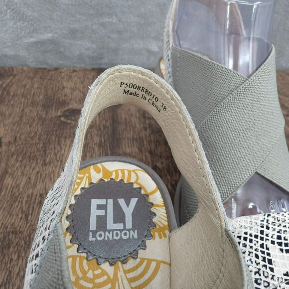Fly London Yaji Wedges Sandals 38 7 Grey Cream Snakeskin Cross Strappy Leather - Picture 2 of 14